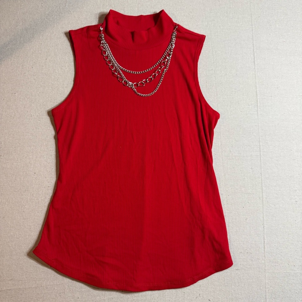 No Boundaries Red Ribbed Mock Neck Chain Detail Sleeveless Top Large Y2K‎